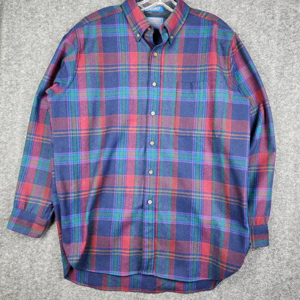 Pendleton Lobo Flannel Shirt Mens L Blue Red Plaid 100% Virgin Wool‎ Made in USA